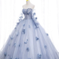 Off The Shoulder Blue Tulle Prom Dress With Flowers Quinceanera Dress MD7221