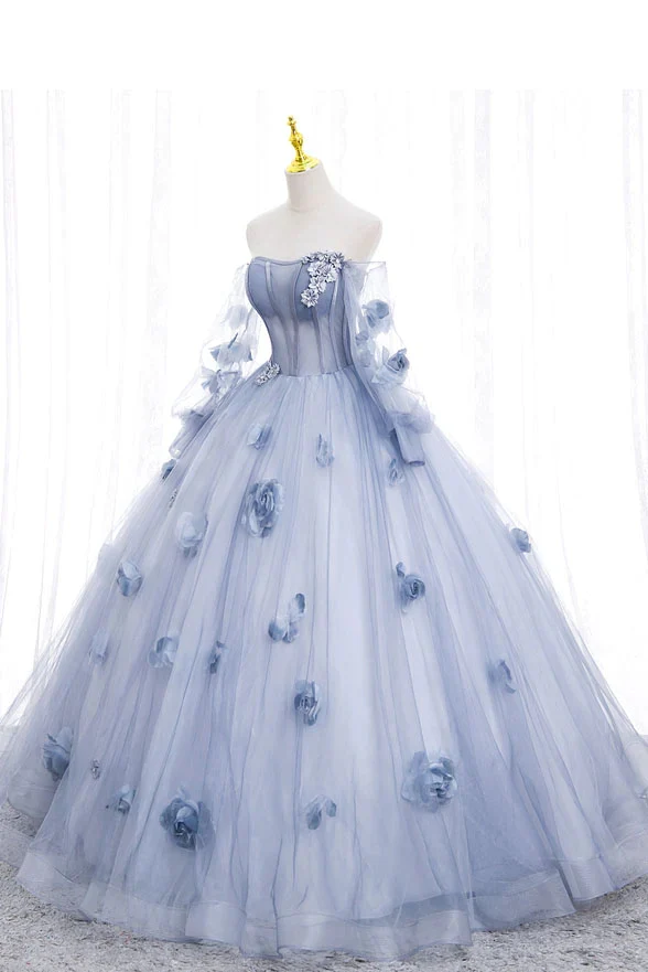 Off The Shoulder Blue Tulle Prom Dress With Flowers Quinceanera Dress MD7221