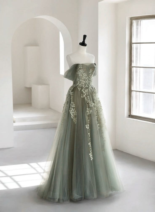 Dusty Green Off Shoulder A-Line Tulle Appliques Long Formal Party Dress MD7247