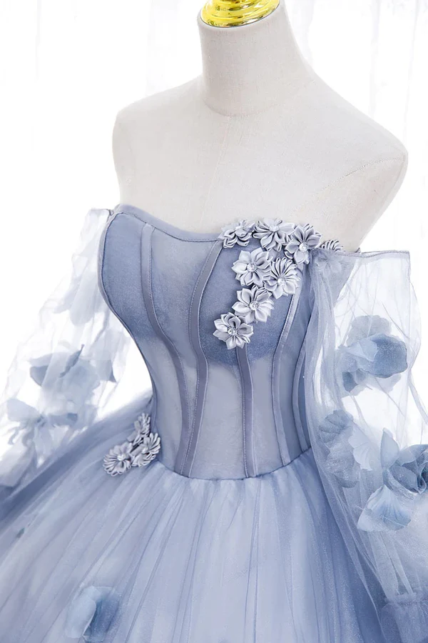 Off The Shoulder Blue Tulle Prom Dress With Flowers Quinceanera Dress MD7221