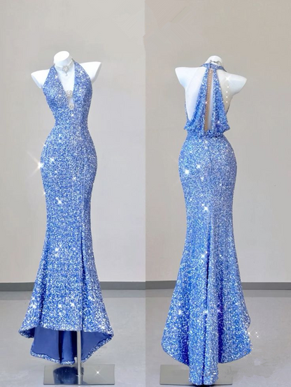 Blue V Neck Halter Sequins Sheath Long Party Dress Birthday Outfits MD7376