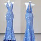 Blue V Neck Halter Sequins Sheath Long Party Dress Birthday Outfits MD7376