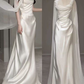 White Satin Pleats Straps Wedding Dress Elegant Party Dress MD7211