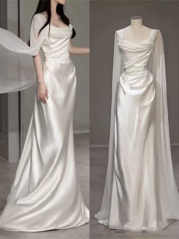 White Satin Pleats Straps Wedding Dress Elegant Party Dress MD7211