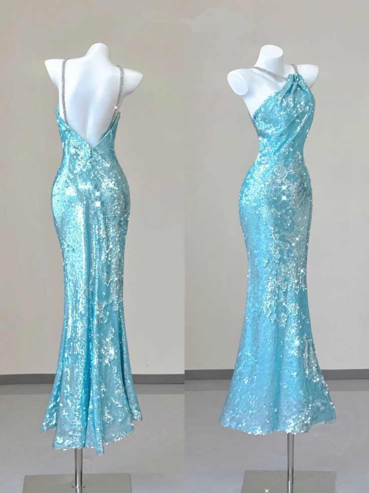 Ice Blue Halter Open Back Sequins Sheath Long Party Dress Birthday Outfits MD7377