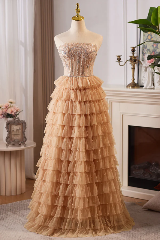 Champagne Gold Strapless A-Line Tulle Tiered Long Formal Prom Dress MD7596