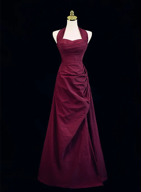 Burgundy Halter A-Line Vintage Long Formal Prom Dress MD7341