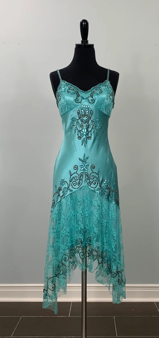 Turquoise Straps Lace Beading Sheath Vintage Long Party Dress MD7498