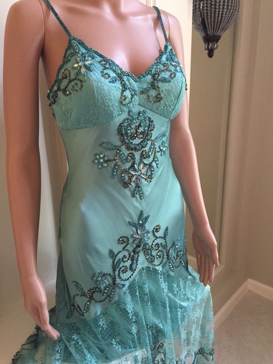 Turquoise Straps Lace Beading Sheath Vintage Long Party Dress MD7498