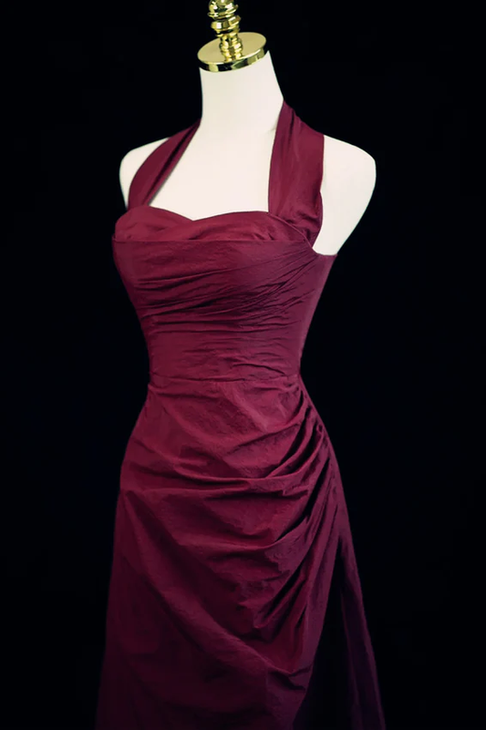 Burgundy Halter A-Line Vintage Long Formal Prom Dress MD7341