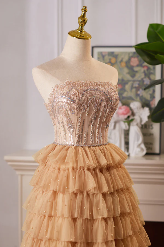 Champagne Gold Strapless A-Line Tulle Tiered Long Formal Prom Dress MD7596