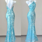 Ice Blue Halter Open Back Sequins Sheath Long Party Dress Birthday Outfits MD7377