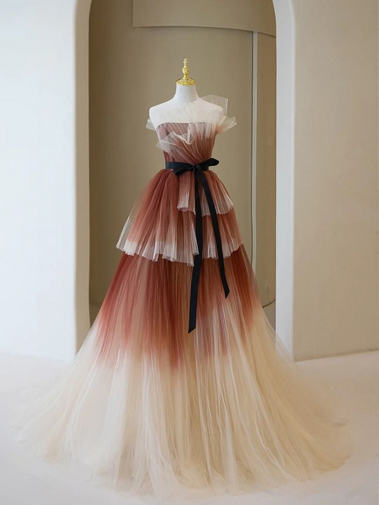 Elegant Strapless A-Line Tulle Tiered Long Formal Prom Dress Ball Gown MD7519