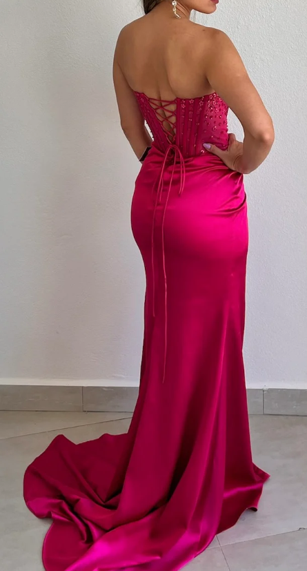 Fuchsia Sweetheart Sheath Satin Long Party Dress Bridesmaid Dress, D136