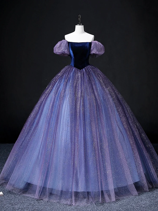 Purple Off Shoulder A-Line Tulle Velvet Formal Prom Dress MD7202