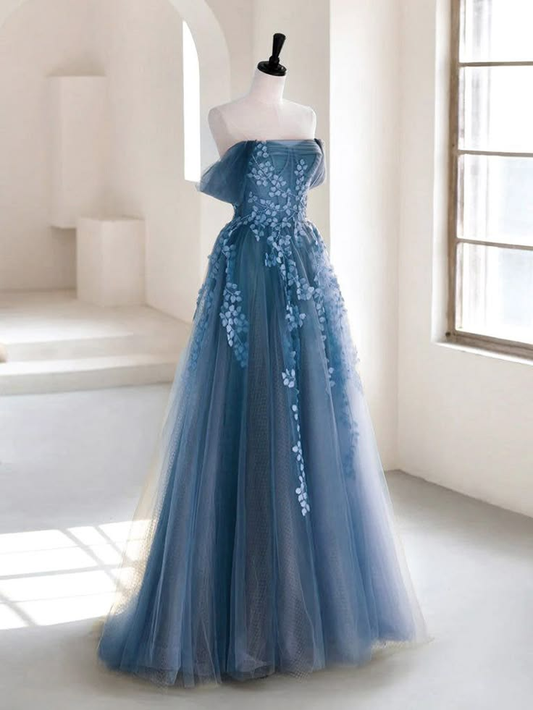 Blue Off Shoulder A-Line Tulle Appliques Long Formal Party Dress MD7249