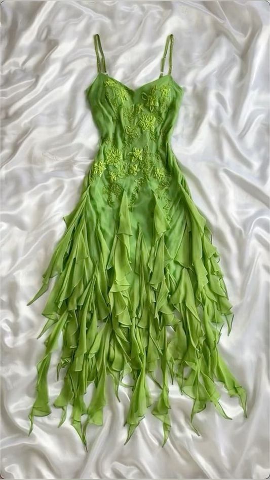 Green Spaghetti Straps Ruffles Sheath Vintage Long Party Dress MD7499