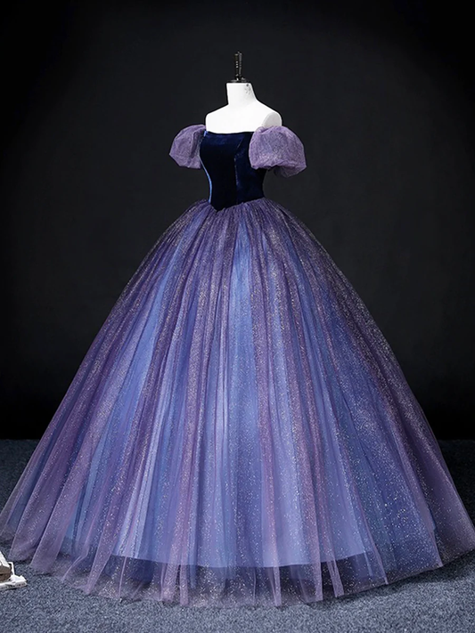 Purple Off Shoulder A-Line Tulle Velvet Formal Prom Dress MD7202