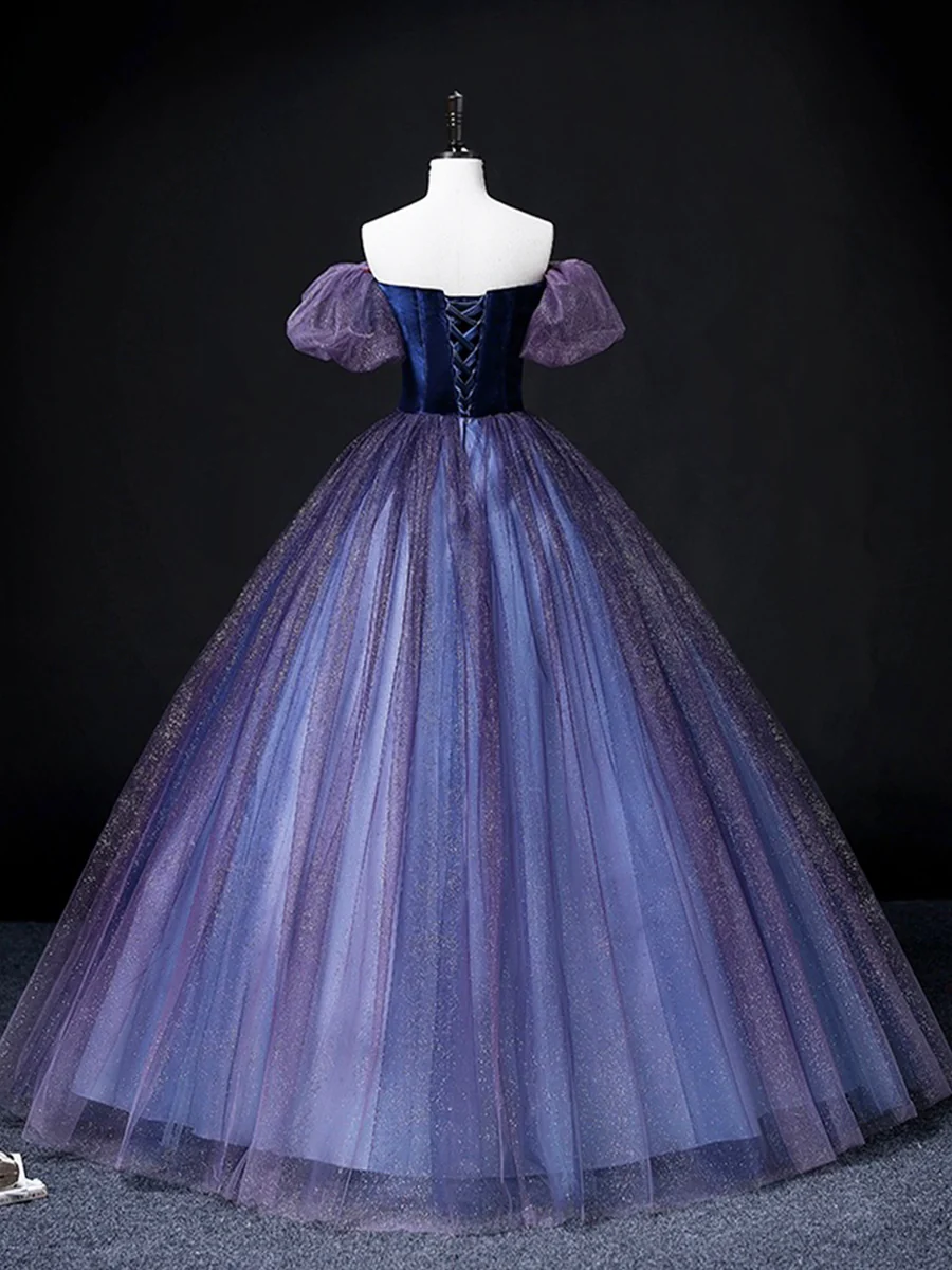 Purple Off Shoulder A-Line Tulle Velvet Formal Prom Dress MD7202