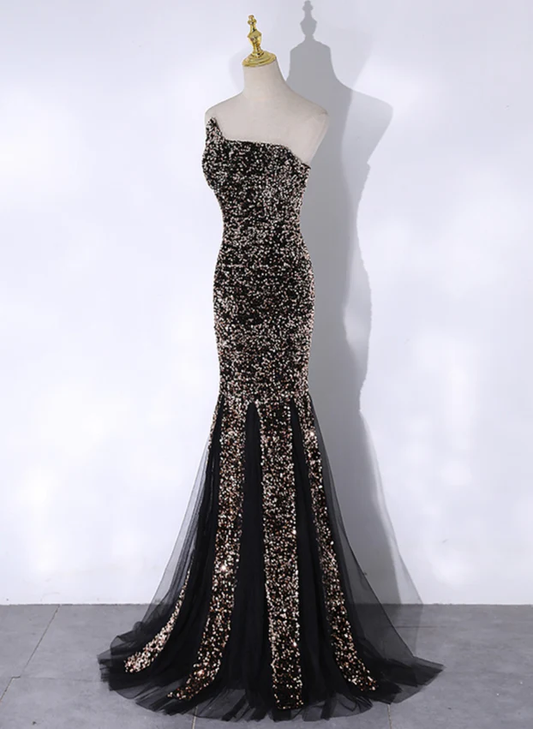 Shiny Black Strapless Sequins Tulle Mermaid Long Party Dress MD7343