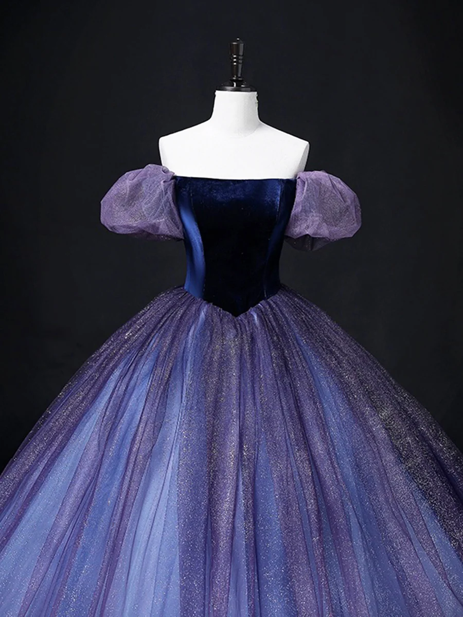 Purple Off Shoulder A-Line Tulle Velvet Formal Prom Dress MD7202