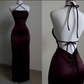 Burgundy Straps Open Back Satin Long Party Dress Birthday Outfits MD7384