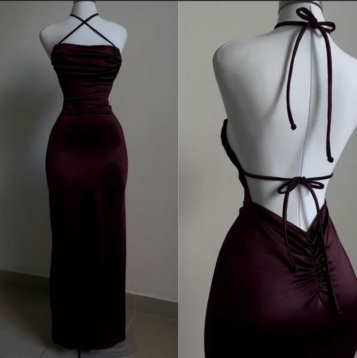 Burgundy Straps Open Back Satin Long Party Dress Birthday Outfits MD7384