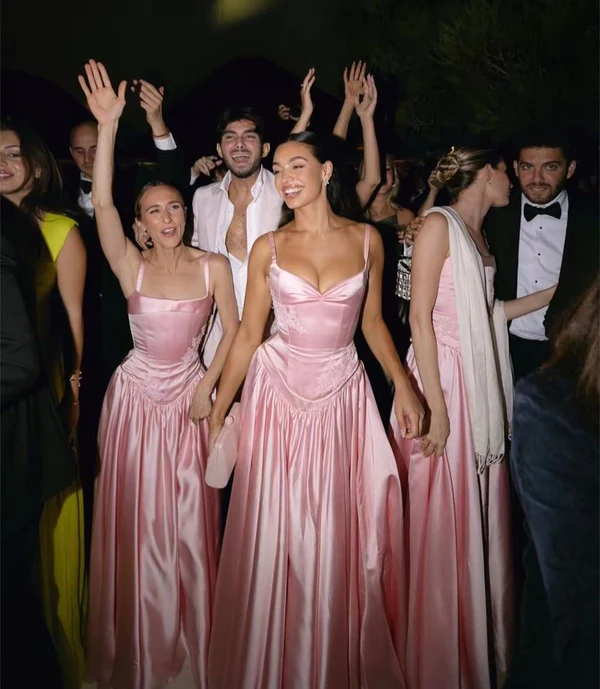 Elegant Pink Straps A-Line Satin Long Party Dress Bridesmaid Dress, D538