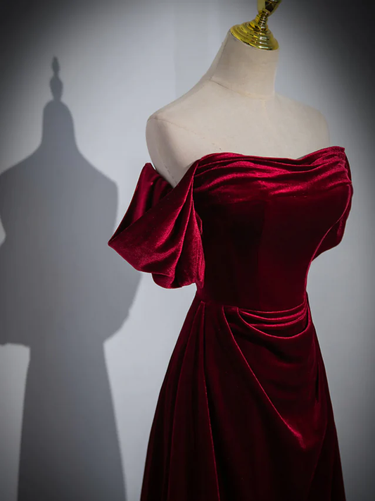 Elegant Wine Red Off Shoulder A-Line Velvet Long Prom Dress MD7345