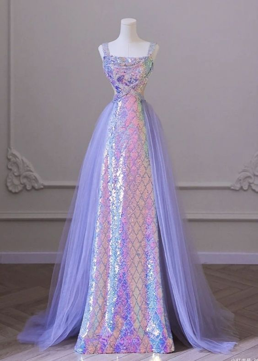 Lilac Straps Sequins Mermaid Long Formal Party Dress with Train MD7387