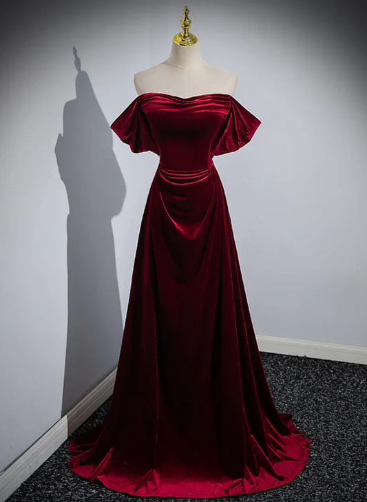 Elegant Wine Red Off Shoulder A-Line Velvet Long Prom Dress MD7345