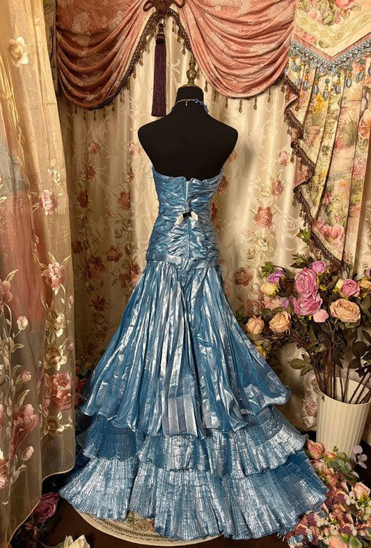 Blue Strapless A-Line Satin Vintage Long Formal Evening Gown, D01