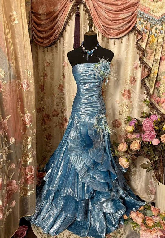 Blue Strapless A-Line Satin Vintage Long Formal Evening Gown, D01