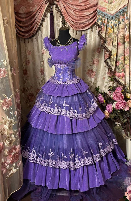 Purple Straps A-Line Tiered Vintage Ball Gown Prom Dress, D05