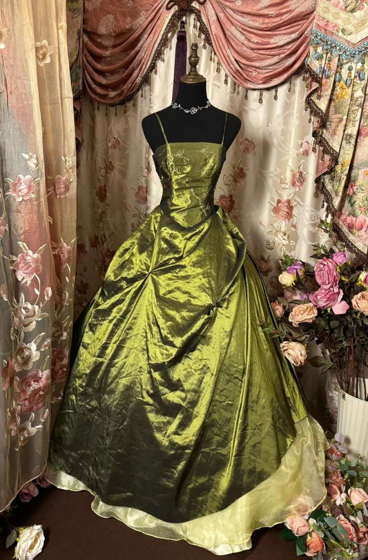 Green Spaghetti Straps A-Line Satin Vintage Evening Gown, D06