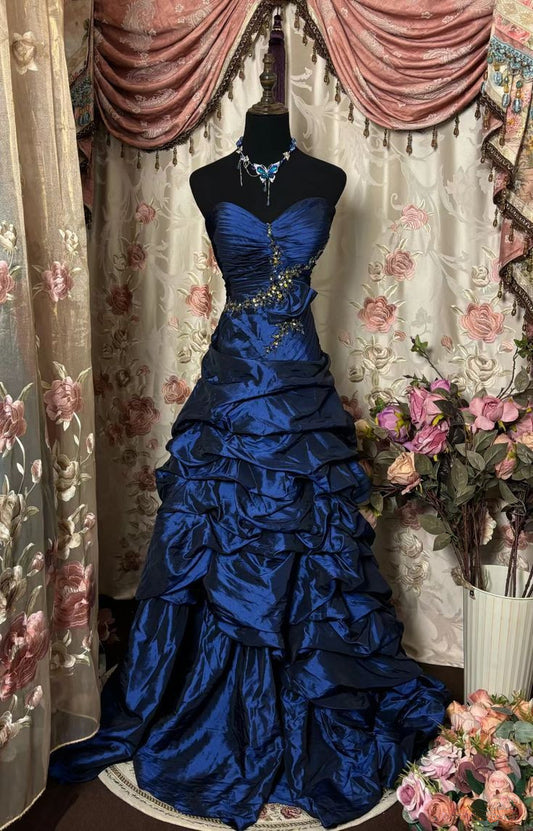 Navy Blue Sweetheart A-Line Satin Vintage Evening Gown, D07