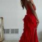 Red Spaghetti Straps Sheath Ruffles Long Evening Party Dress, D119