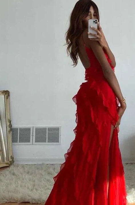 Red Spaghetti Straps Sheath Ruffles Long Evening Party Dress, D119