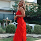 Red Spaghetti Straps Sheath Ruffles Long Evening Party Dress, D119