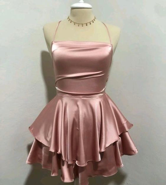 Pink Straps A-Line Satin Simple Homecoming Dress Mini Birthday Outfits, D159