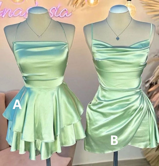 Green Straps A-Line Satin Simple Homecoming Dress Mini Birthday Outfits, D160