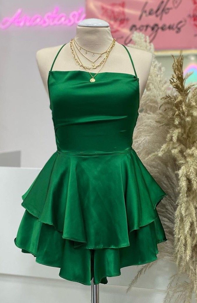 Green Straps A-Line Satin Simple Homecoming Dress Mini Birthday Outfits, D163