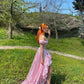 Pink Off Shoulder A-Line Satin Long Party Dress Birthday Outfits, D166