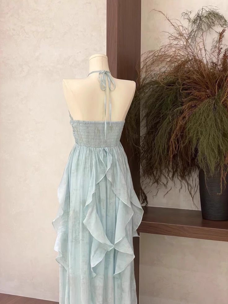 Light Blue Halter A-Line Chiffon Long Party Dress Vacation Dress, D167