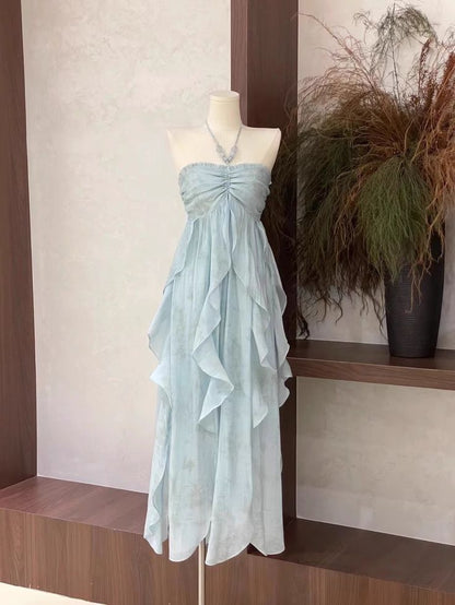 Light Blue Halter A-Line Chiffon Long Party Dress Vacation Dress, D167