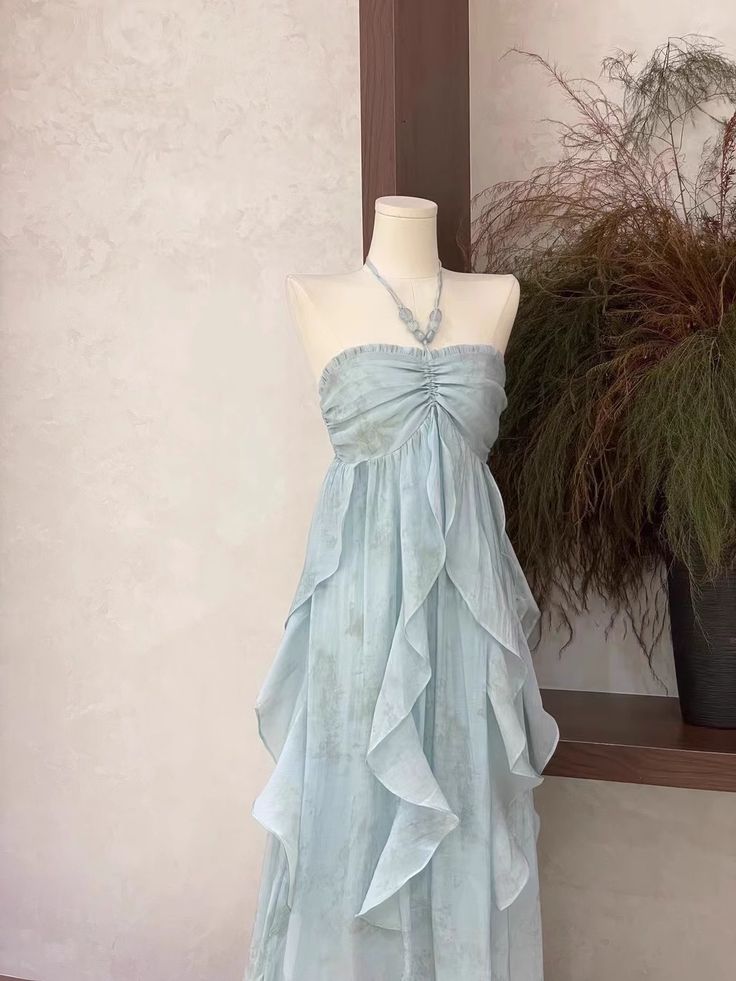 Light Blue Halter A-Line Chiffon Long Party Dress Vacation Dress, D167