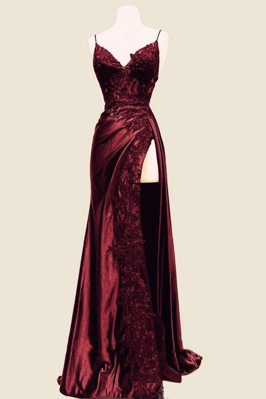 Wine Red Spaghetti Straps Sheath Long Formal Party Dress, D168