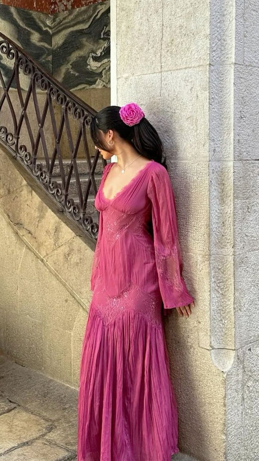 Fuchsia Long Sleeves V Neck Lace Long Party Dress Fashion Vacation Dress, D172