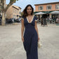 Elegant Navy V Neck Sheath Polka Dots Lace Long Party Dress, D176