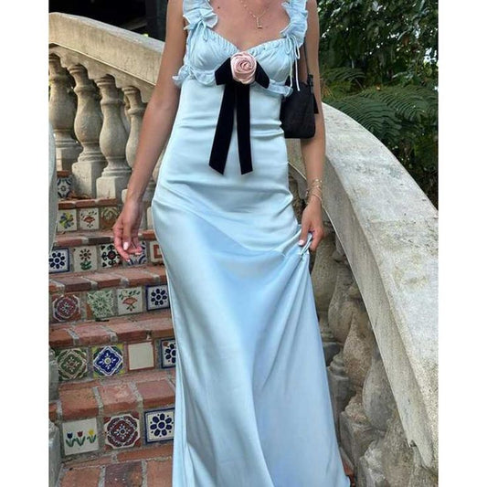 Light Blue Straps A-Line Satin Long Party Dress Wedding Guest Dress, D178